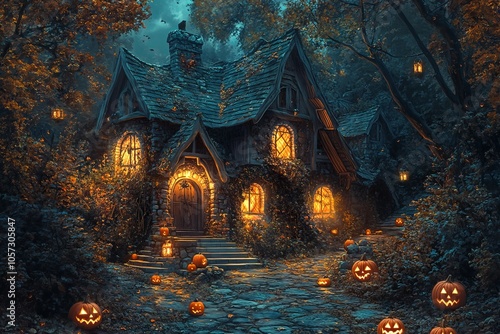 Spooky Village House with Pumpkins and Lanterns - AI generated illustration