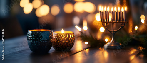 9 burning candles burning in menorah; christmas holiday lights in cozy insides; copy space photo