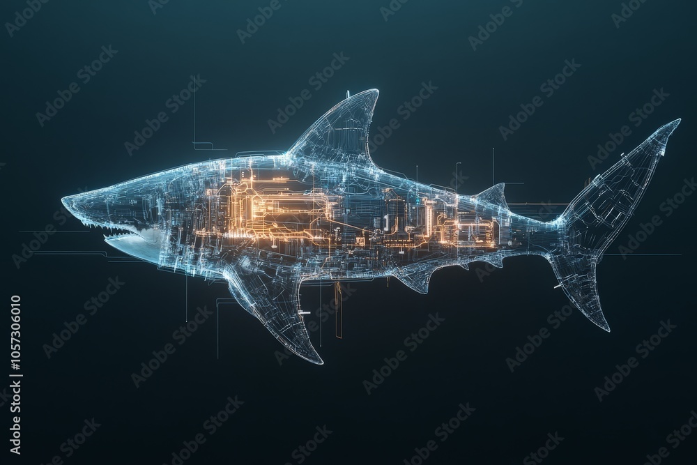 Obraz premium A digital shark illustration with illuminated circuitry and technical details merges nature with innovation, representing a blend of aquatic life and modern technology.