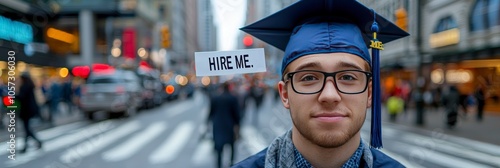 A young graduate in a cap and gown stands on a bustling city street, holding a paper sign that reads 'HIRE ME,' reflecting the job search journey after graduation. photo