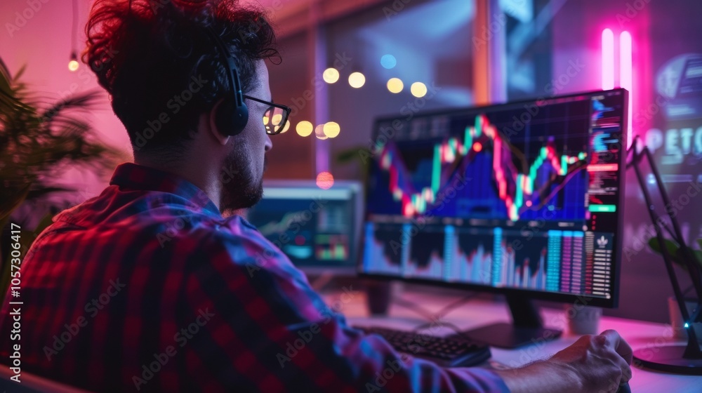 Trader analyzing stock charts on computer screens at night Trader analyzing stock charts on computer screens at night