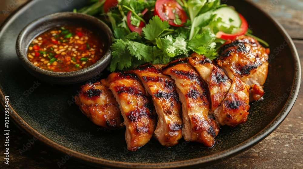 Isaan-style grilled chicken, perfectly charred and juicy, presented with a fresh salad and spicy Isaan-style grilled chicken, perfectly charred and juicy, presented with a fresh salad and spicy