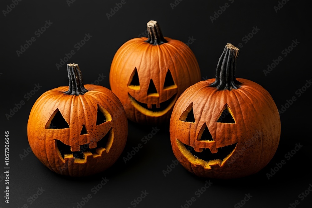 Carved Halloween pumpkins with expressive faces on a black background, AI generated illustration Carved Halloween pumpkins with expressive faces on a black background, AI generated illustration
