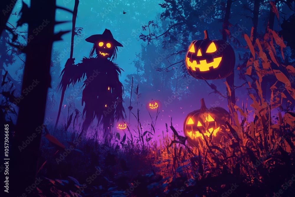 Spooky Scarecrows and Pumpkins in the Woods - AI generated illustration Spooky Scarecrows and Pumpkins in the Woods - AI generated illustration