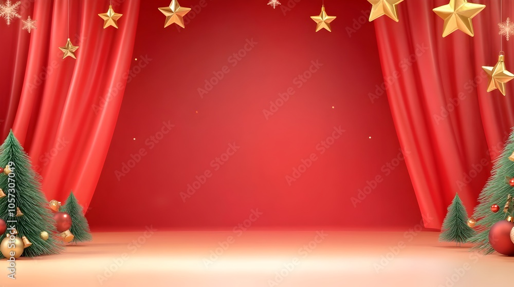 A red curtain with a tree and stars on it A red curtain with a tree and stars on it