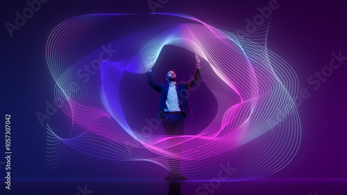 Foto Young man, leader, stands, immersed in stream of colorful digital data against colorful gradient background