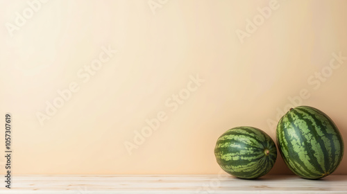 Ripe watermelons on a light background, ideal for advertising healthy food. Blank space for text photo