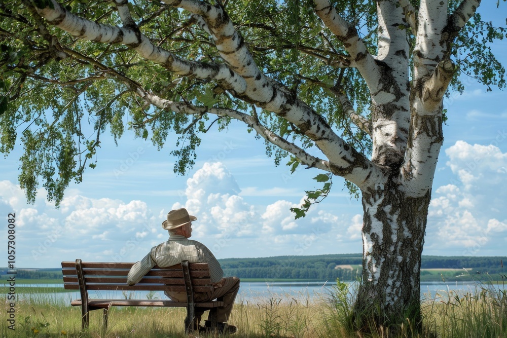 The old man sitting on bench under the old tree. Neural network ai generated art The old man sitting on bench under the old tree. Neural network ai generated art