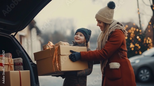 A mother and child loading the car trunk filled with Christmas gifts, preparing for a holiday trip or returning from Christmas and New Year shopping. The festive excitement of holiday preparations photo