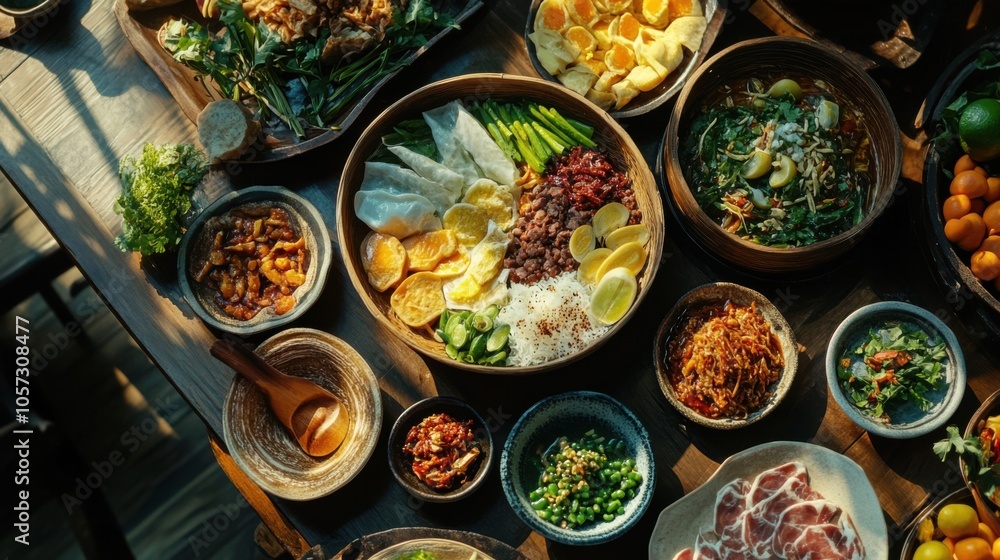 Isan food with a burst of colors, arranged beautifully, in a naturally lit setting Isan food with a burst of colors, arranged beautifully, in a naturally lit setting