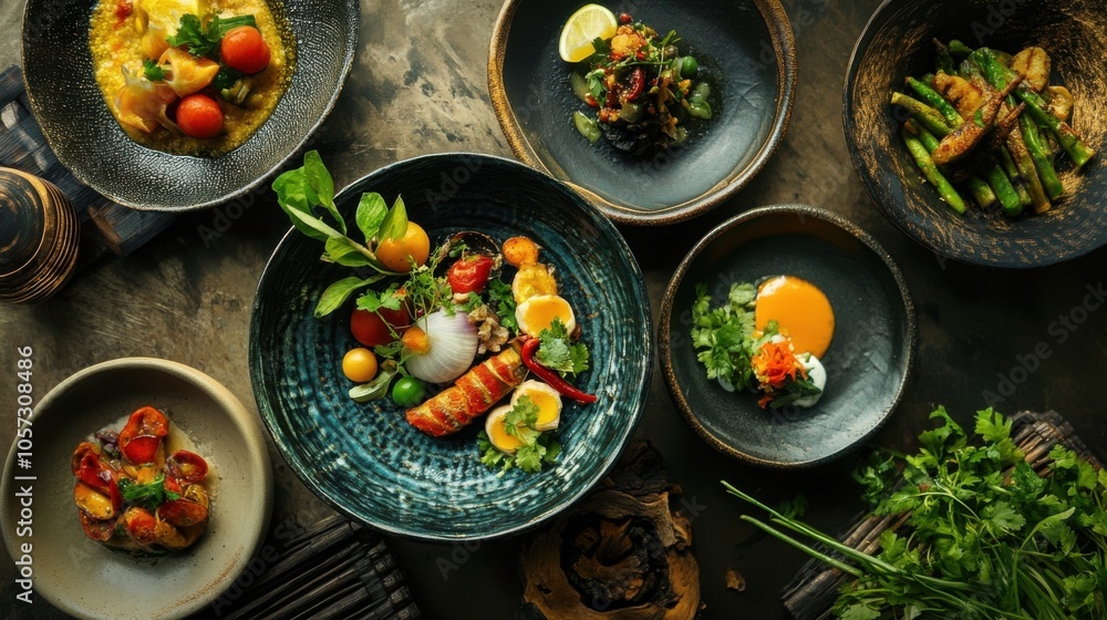 Isan cuisine with fresh, colorful ingredients, plated beautifully, under natural light Isan cuisine with fresh, colorful ingredients, plated beautifully, under natural light