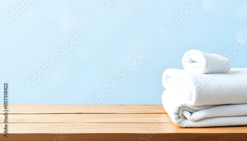 Beautiful spa composition with towels on wooden table against light blue background isolated with white highlights, png photo