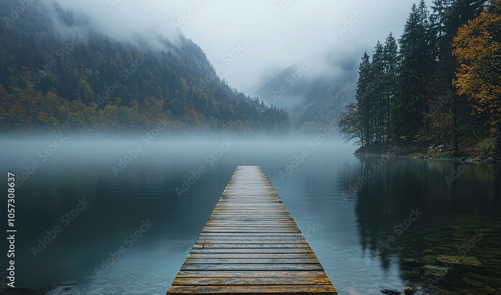 Wooden Dock Extending Into a Foggy Mountain Lake Wooden Dock Extending Into a Foggy Mountain Lake