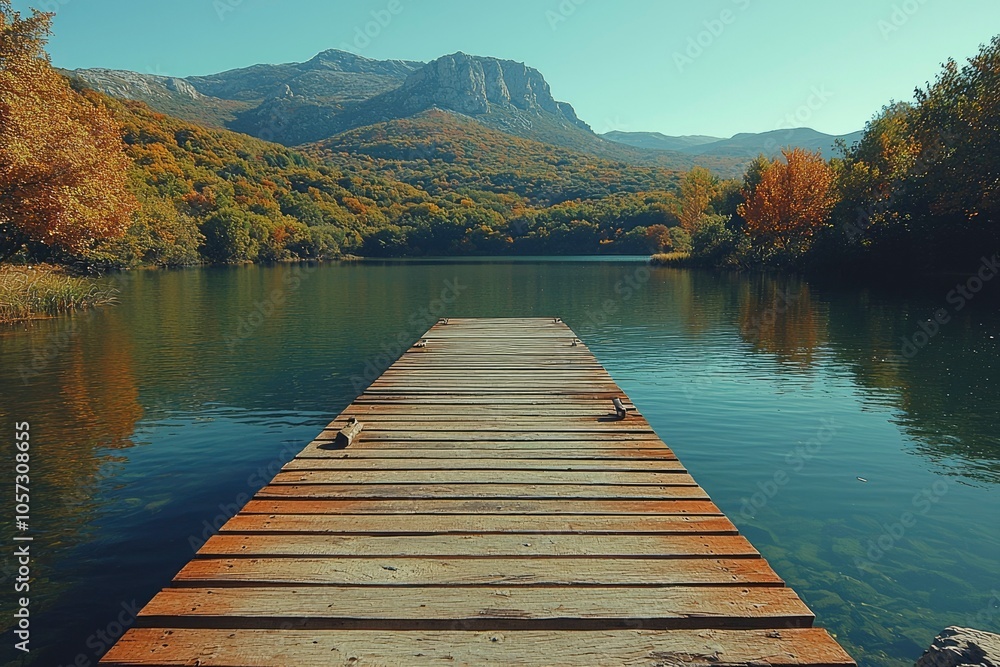 Fototapeta premium Wooden Dock Leading to a Tranquil Mountain Lake