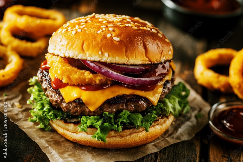 cheeseburger with onion rings, red onion, lettuce, cheddar cheese, and bbq sauce on a sesame seed bun, served on rustic paper with extra onion rings and dipping sauce cheeseburger with onion rings, red onion, lettuce, cheddar cheese, and bbq sauce on a sesame seed bun, served on rustic paper with extra onion rings and dipping sauce