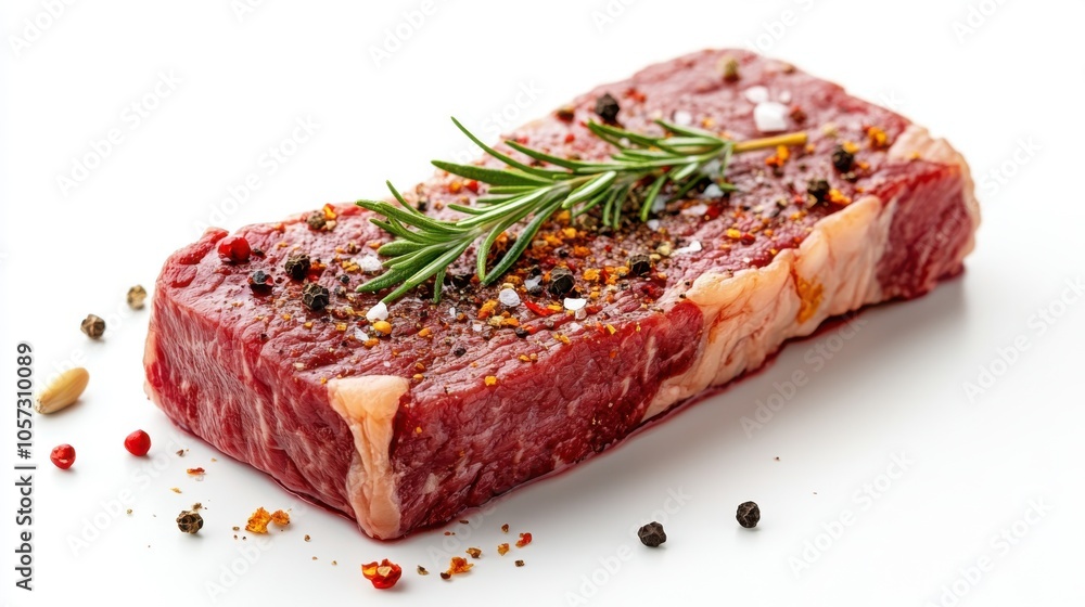 Prime cut of steak floating with a sprinkle of chili flakes, garlic powder Prime cut of steak floating with a sprinkle of chili flakes, garlic powder