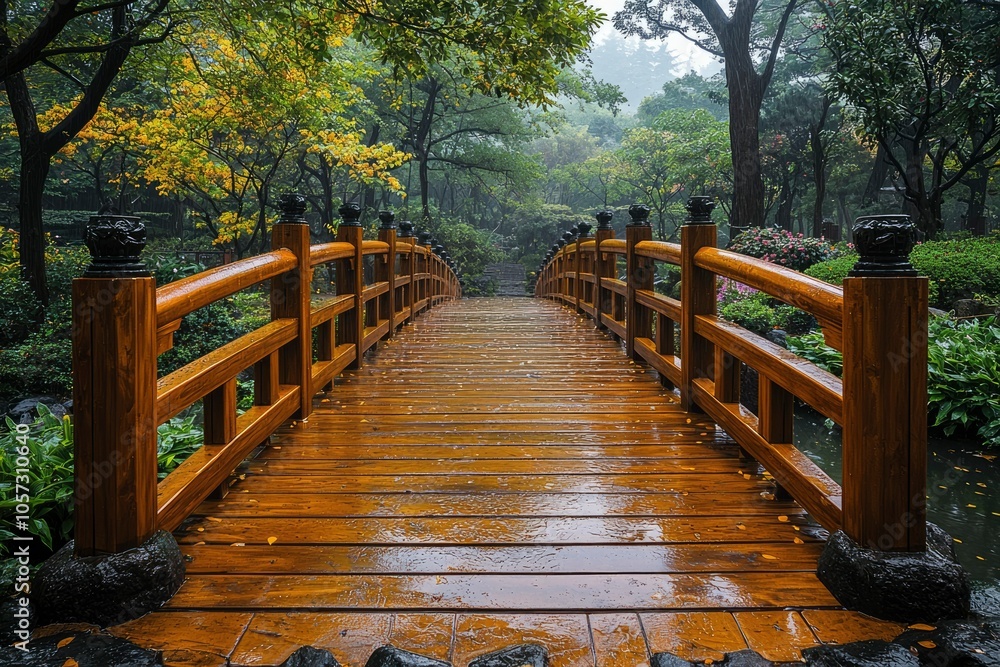 Wooden Bridge Leading Through a Foggy Forest Wooden Bridge Leading Through a Foggy Forest