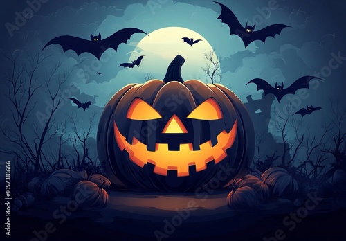 Spooky Halloween jack-o-lantern illustration with bats and ghostly glow, AI generated illustration