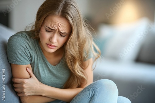 Health care, pain asian young woman suffering from hemorrhoid, anus, diarrhea and constipation, girl hand touching, holds butt, anal have abdominal, intestine problem, abscess smell, Generative AI photo