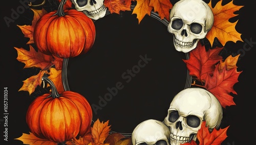 Halloween theme with pumpkins, skulls, and autumn leaves on a black background, AI generated illustration