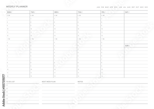 A weekly plan design template in a modern, simple, and minimalist style. Note, scheduler, diary, calendar, planner document template illustration.