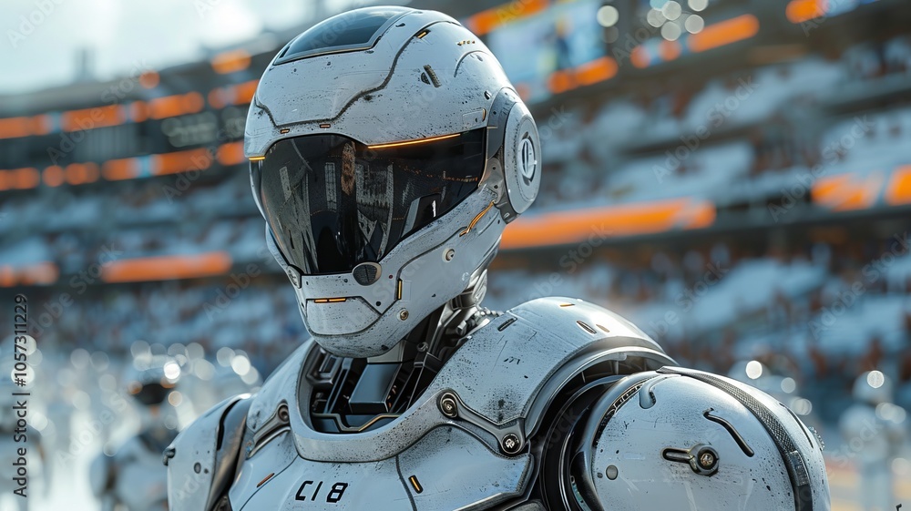 Fototapeta premium Futuristic Robot Soldier in a Crowded Stadium