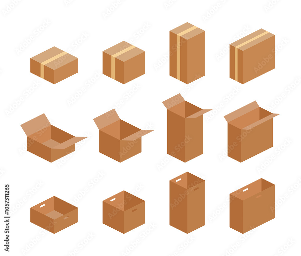 A set of 3D stereoscopic illustrations in square and rectangular shapes, including boxes, packages, parcels, gifts, and storage boxes. A set of 3D stereoscopic illustrations in square and rectangular shapes, including boxes, packages, parcels, gifts, and storage boxes.