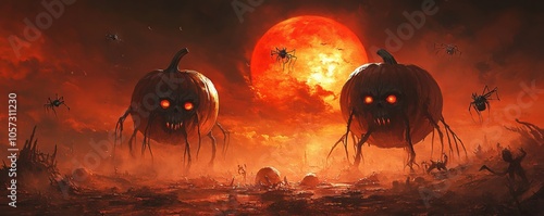 Giant pumpkins with human faces in an apocalyptic field, AI generated illustration photo