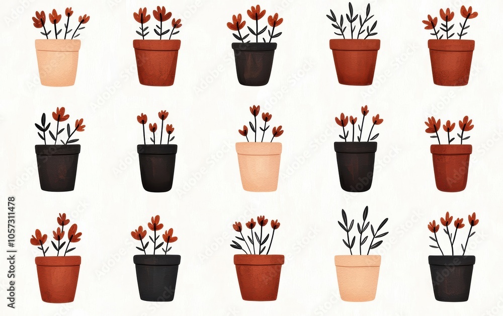 A charming pattern of potted flowers featuring various colors and styles, perfect for home decor, textiles, and botanical-themed designs. A charming pattern of potted flowers featuring various colors and styles, perfect for home decor, textiles, and botanical-themed designs.
