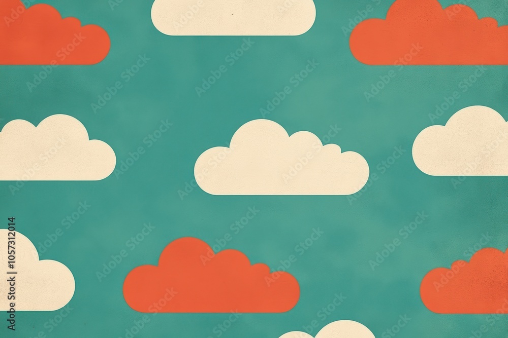 Colorful clouds pattern on a teal background. This whimsical design adds a cheerful touch to any project or creative work, perfect for various uses. Colorful clouds pattern on a teal background. This whimsical design adds a cheerful touch to any project or creative work, perfect for various uses.