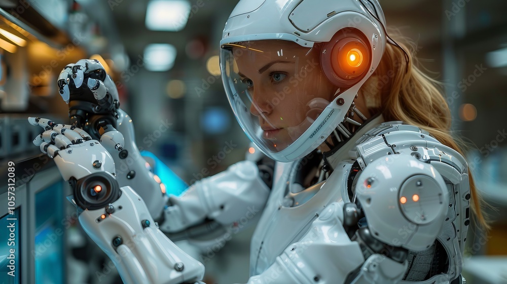 Futuristic Cyborg Woman in White Exosuit Futuristic Cyborg Woman in White Exosuit
