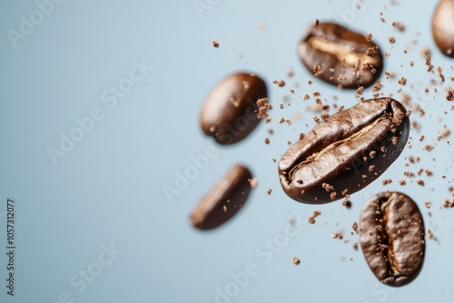 Rich coffee beans are suspended in an ephemeral moment, highlighting their texture and aroma, encapsulating the essence of freshness and allure in coffee artistry. photo
