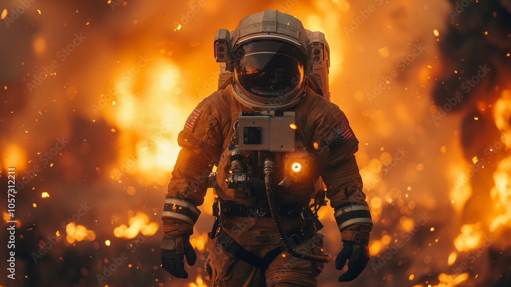 Astronaut in a Fiery Inferno: A Dramatic Space Exploration Image Astronaut in a Fiery Inferno: A Dramatic Space Exploration Image