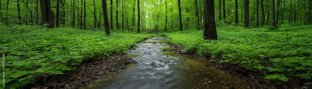 A serene forest scene featuring a crystal-clear stream flowing through vibrant green foliage, creating a peaceful atmosphere in nature. A serene forest scene featuring a crystal-clear stream flowing through vibrant green foliage, creating a peaceful atmosphere in nature.