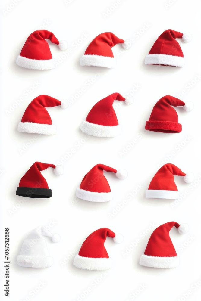 A collection of festive Santa hats in various styles and colors, perfect for holiday celebrations, winter parties, or Christmas-themed events. A collection of festive Santa hats in various styles and colors, perfect for holiday celebrations, winter parties, or Christmas-themed events.