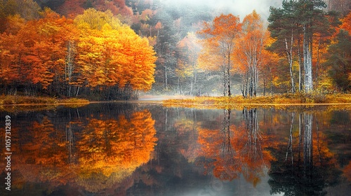 Misty Autumn Lake with Vibrant Reflections