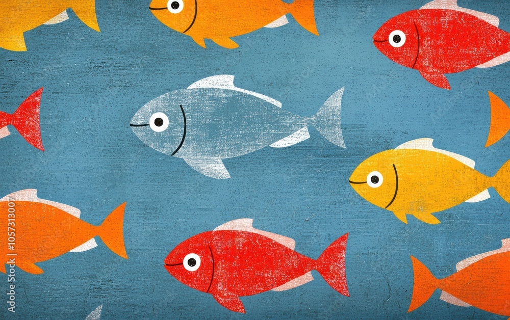 Naklejka premium Colorful fish swim across a textured blue background, creating a playful and vibrant underwater scene suitable for various creative projects.