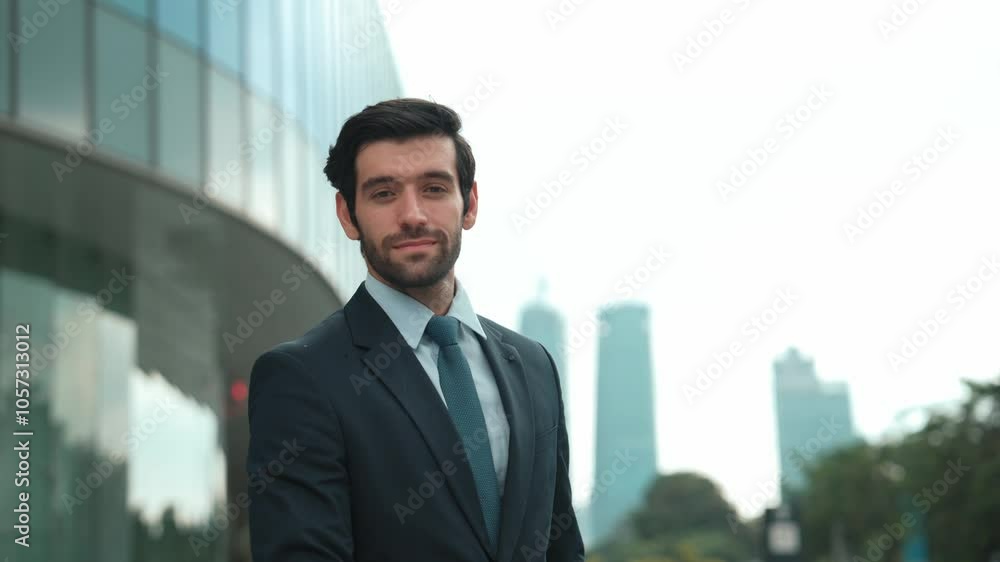 Professional businessman moving and standing while looking at camera. Smiling manager smiling at camera with confident. Closeup of investor wearing suit standing at architectural building. Exultant. Professional businessman moving and standing while looking at camera. Smiling manager smiling at camera with confident. Closeup of investor wearing suit standing at architectural building. Exultant.