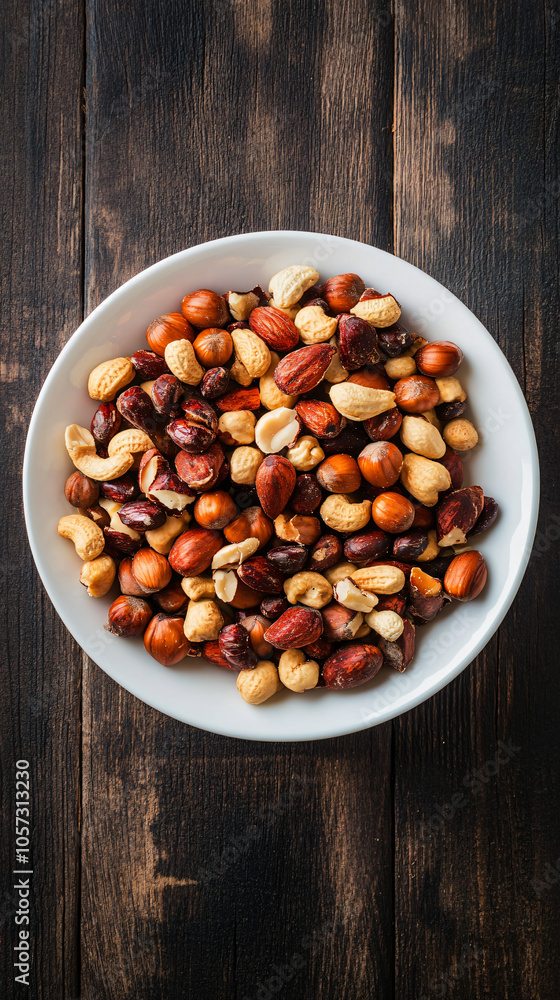 Assortment of nuts spills out of a white bowl onto a rustic wooden table Assortment of nuts spills out of a white bowl onto a rustic wooden table
