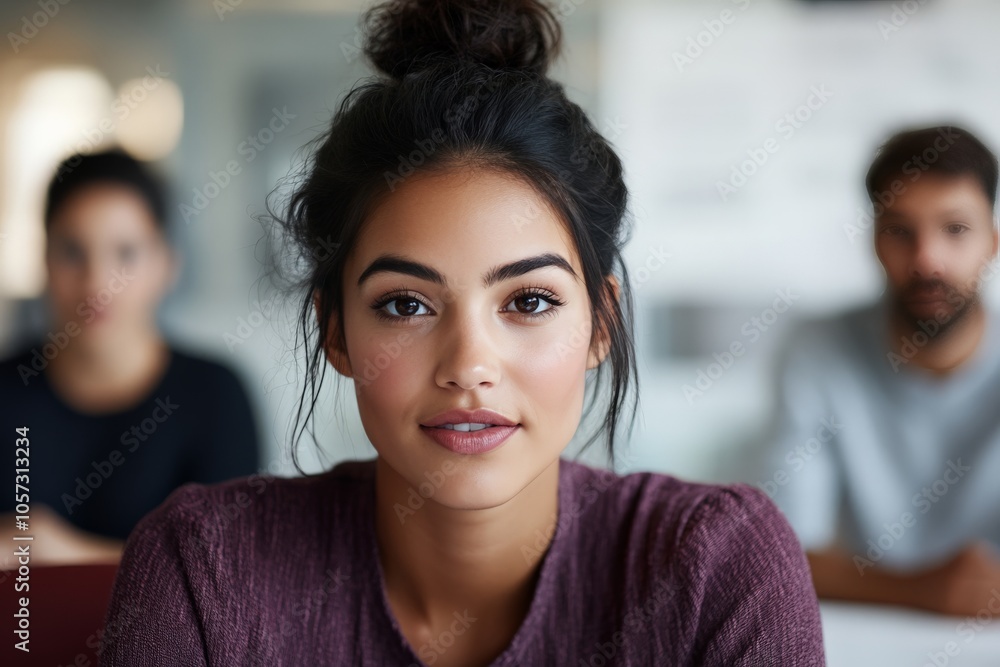 A close-up of a woman with a bun hairstyle sitting indoors, expressing determination and charisma, the background slightly blurred, showcasing modern ambience. A close-up of a woman with a bun hairstyle sitting indoors, expressing determination and charisma, the background slightly blurred, showcasing modern ambience.
