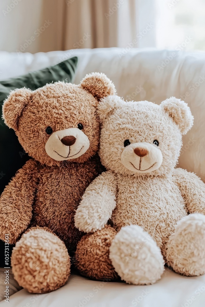 Two adorable teddy bears sit side by side on a cozy couch, presenting a heartwarming scene of friendship and comfort in a soft, inviting setting. Two adorable teddy bears sit side by side on a cozy couch, presenting a heartwarming scene of friendship and comfort in a soft, inviting setting.