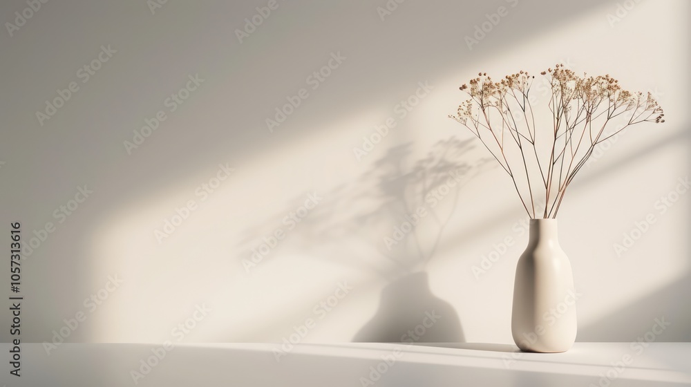 A minimalistic arrangement of dried flowers in a vase casts soft shadows on a light wall, creating a serene and tranquil atmosphere. A minimalistic arrangement of dried flowers in a vase casts soft shadows on a light wall, creating a serene and tranquil atmosphere.