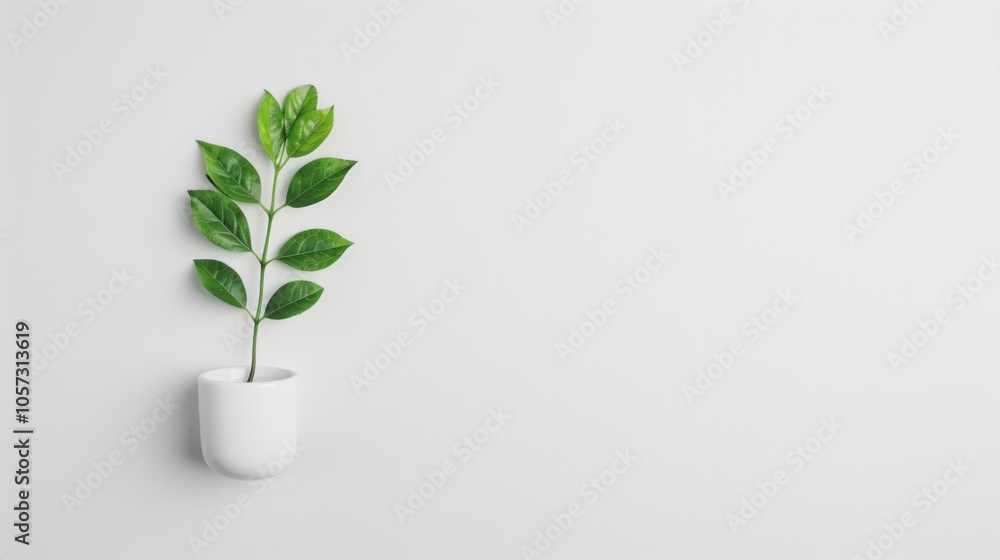 A single green plant in a white pot against a minimalist white background, symbolizing nature and simplicity. A single green plant in a white pot against a minimalist white background, symbolizing nature and simplicity.