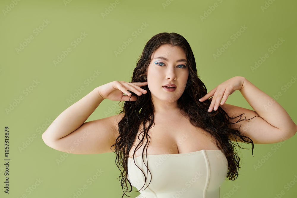 A young, beautiful plus size woman poses elegantly in a corset, radiating confidence in a green studio. A young, beautiful plus size woman poses elegantly in a corset, radiating confidence in a green studio.