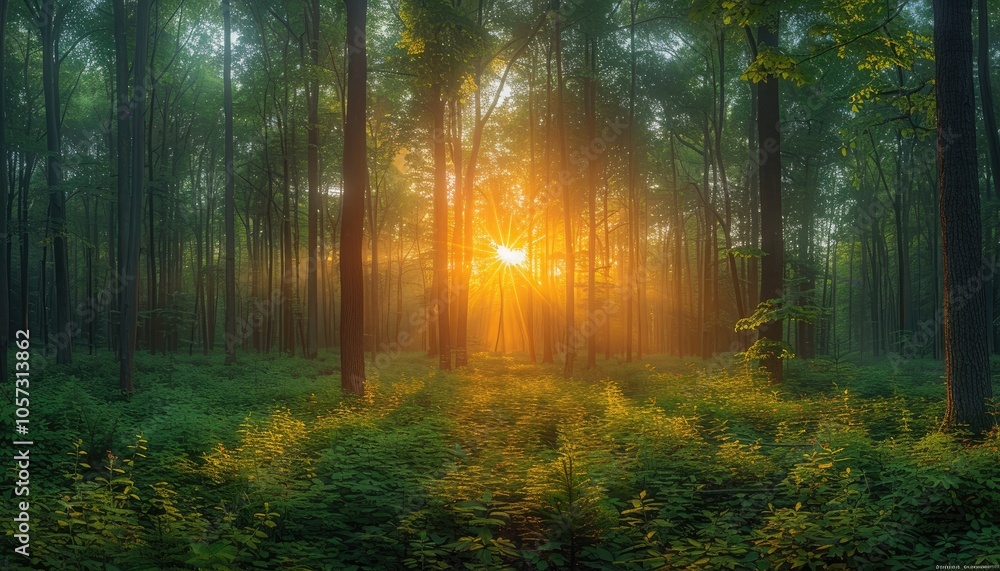 Fototapeta premium Sunbeams Filtering Through a Misty Forest