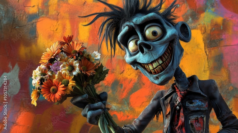 A cheerful cartoon zombie with a big smile and exaggerated features holds a bouquet of wilted flowers, wearing tattered clothes, against a vibrant Halloween backdrop. A cheerful cartoon zombie with a big smile and exaggerated features holds a bouquet of wilted flowers, wearing tattered clothes, against a vibrant Halloween backdrop.