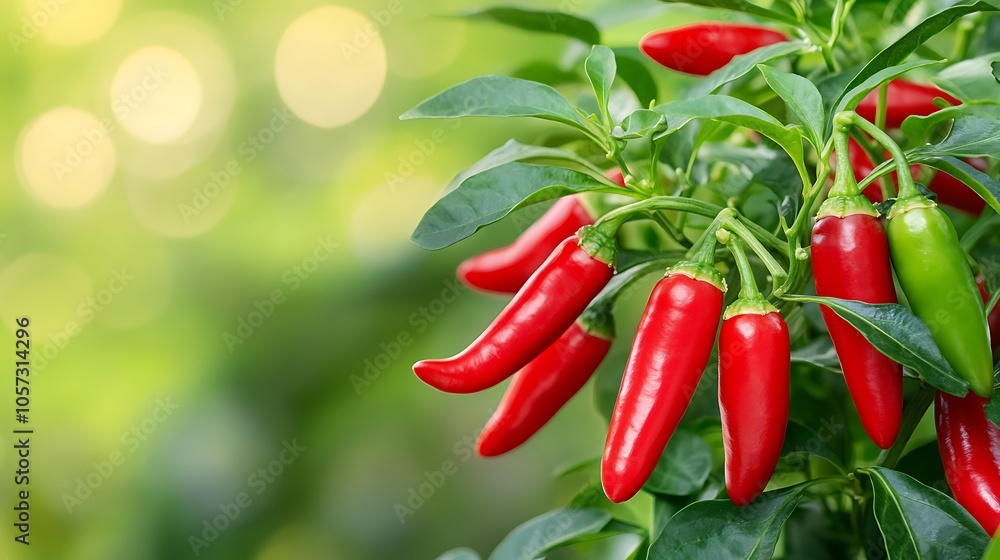 Fresh chilies, both red and green that is still on the chili tree Fresh chilies, both red and green that is still on the chili tree