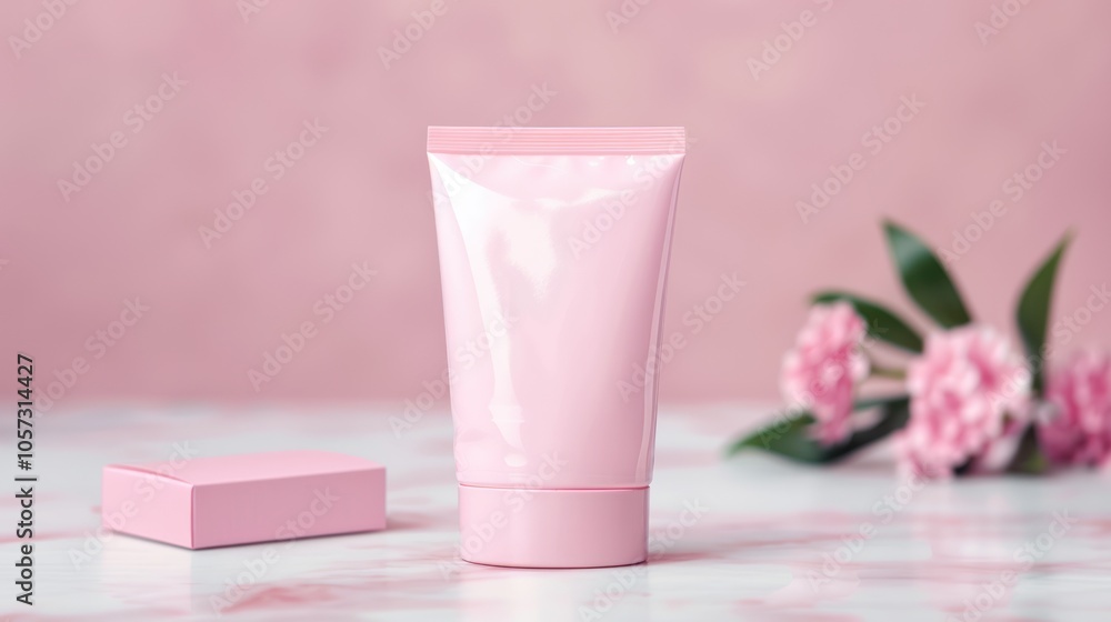 A soft pink tube of cream stands elegantly on a marble surface, accompanied by delicate flowers, creating a serene and inviting aesthetic. A soft pink tube of cream stands elegantly on a marble surface, accompanied by delicate flowers, creating a serene and inviting aesthetic.