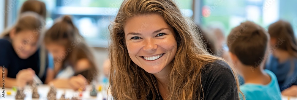 Smiling Young Woman With Long Blonde Hair Helping Elementary School Children With Art Project Smiling Young Woman With Long Blonde Hair Helping Elementary School Children With Art Project