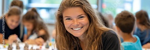 Smiling Young Woman With Long Blonde Hair Helping Elementary School Children With Art Project